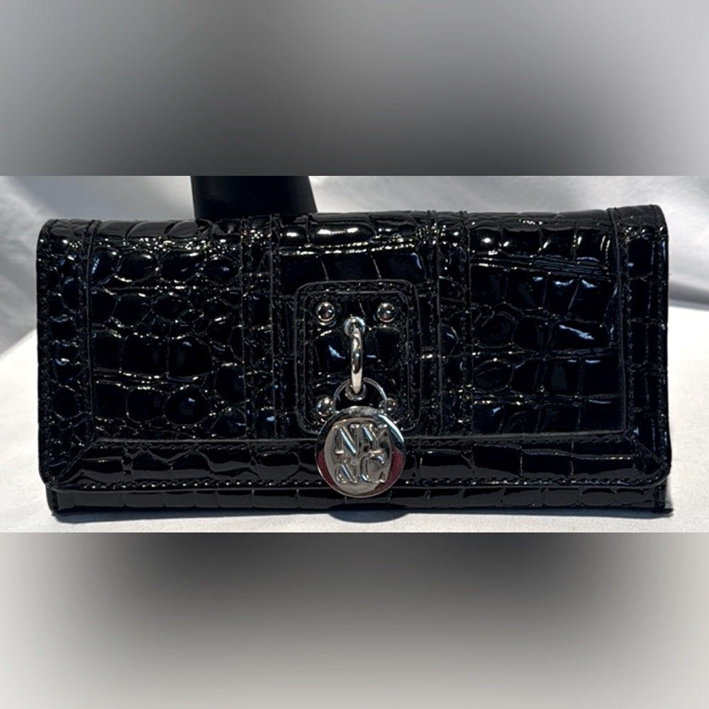New York & Company Black Croc-Embossed Wallet with Silver Accents